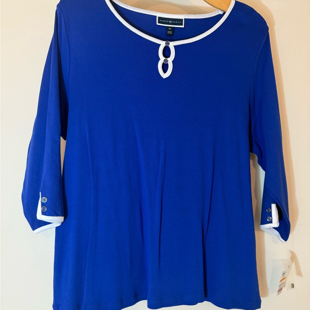 Karen Scott Royal Blue Blouse with White Trim